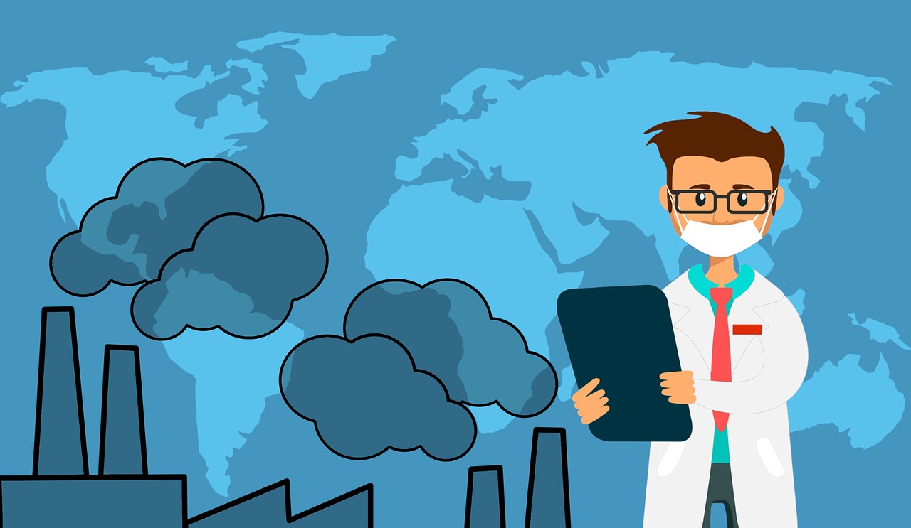 industries, pollution, doctor wearing mask