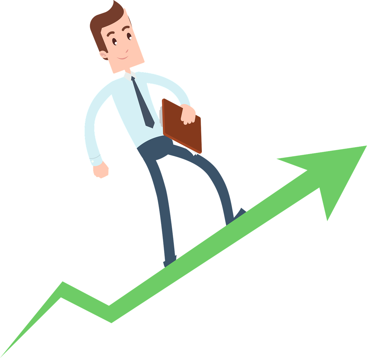 A businessman climbing up a progress arrow