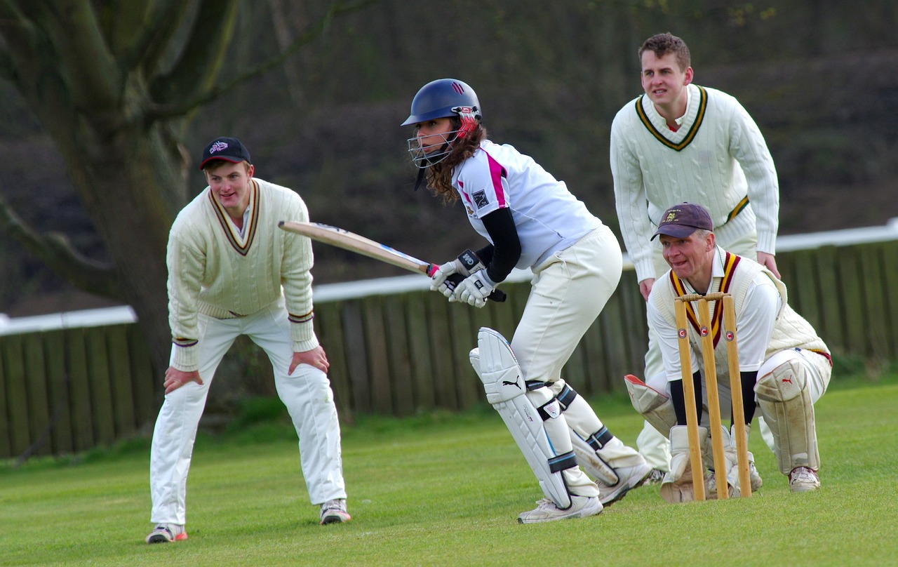 cricket game, batsman and fielders playing,