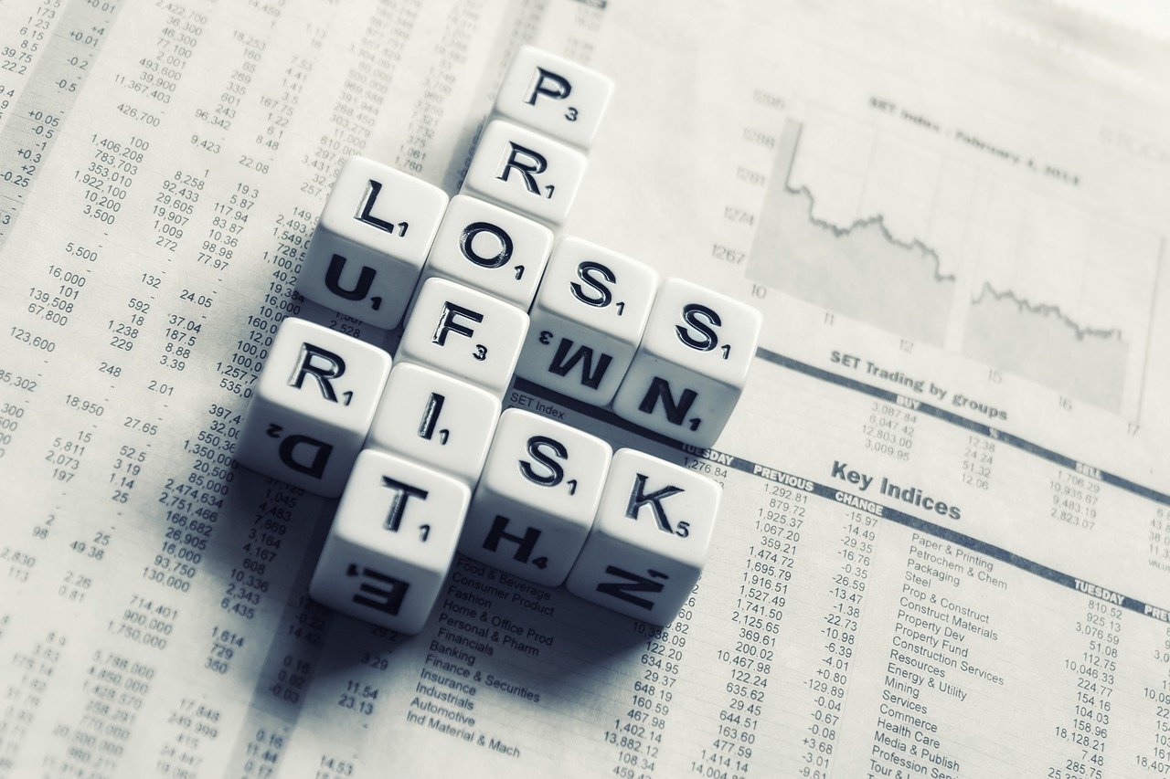 scrabble letters arranged to form words Profit, Loss, Risk