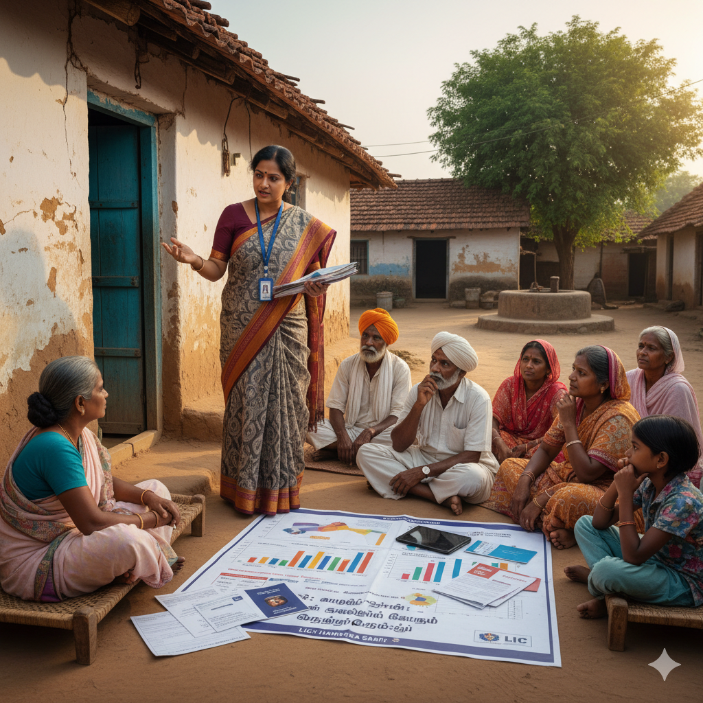 An AI=generated image of an insurance agent talking to villagers