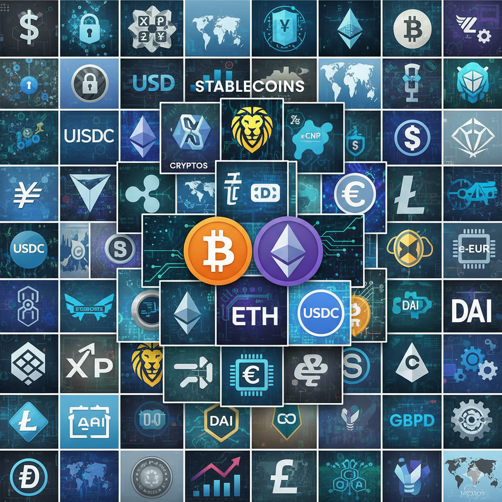 A collage of cryptocurrencies