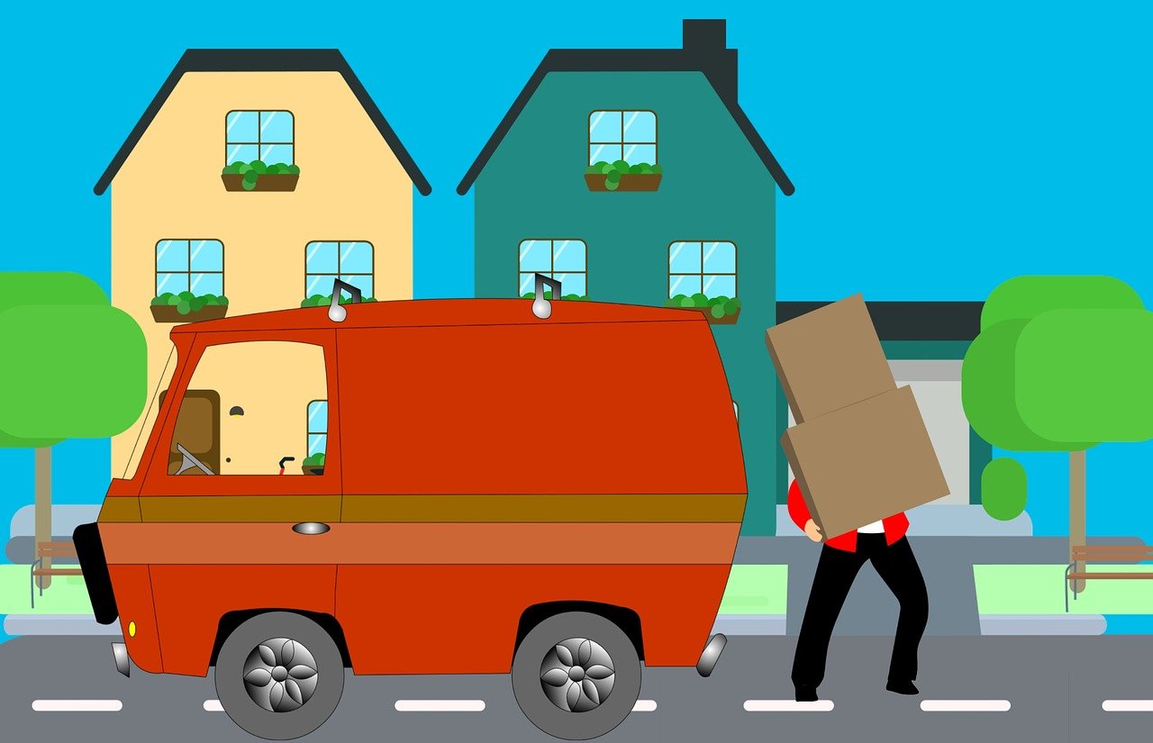 Illustration of a packers and movers truck in front of a duplex, with a helper carrying cartons
