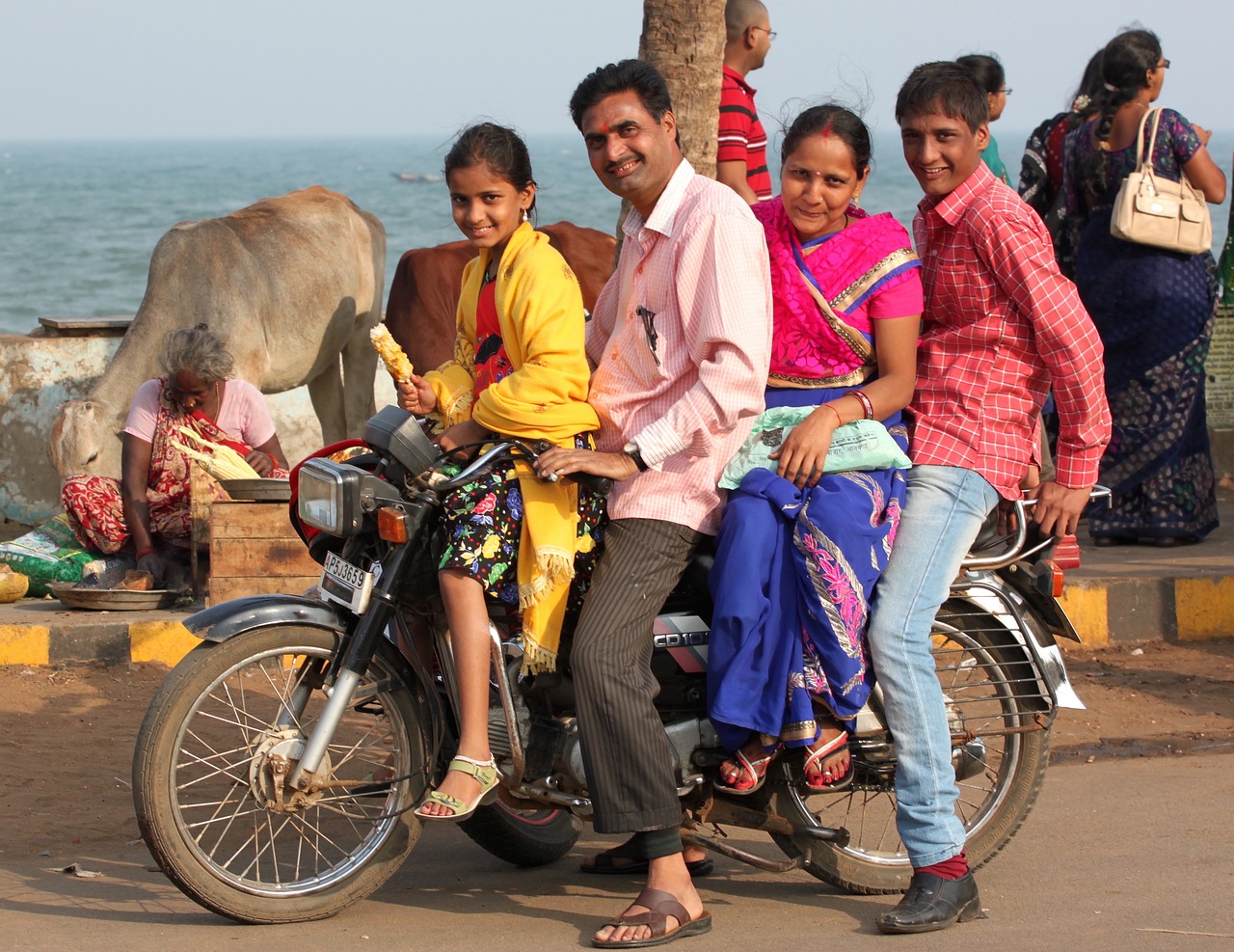 Indian family of four on a motorcycle