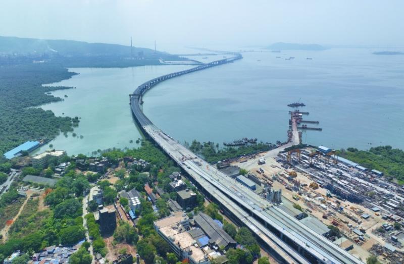 Birds eye view of The Mumbai Trans Harbour Link (MTHL) connecting Sewri in Mumbai to Nhava Sheva in Navi Mumbai