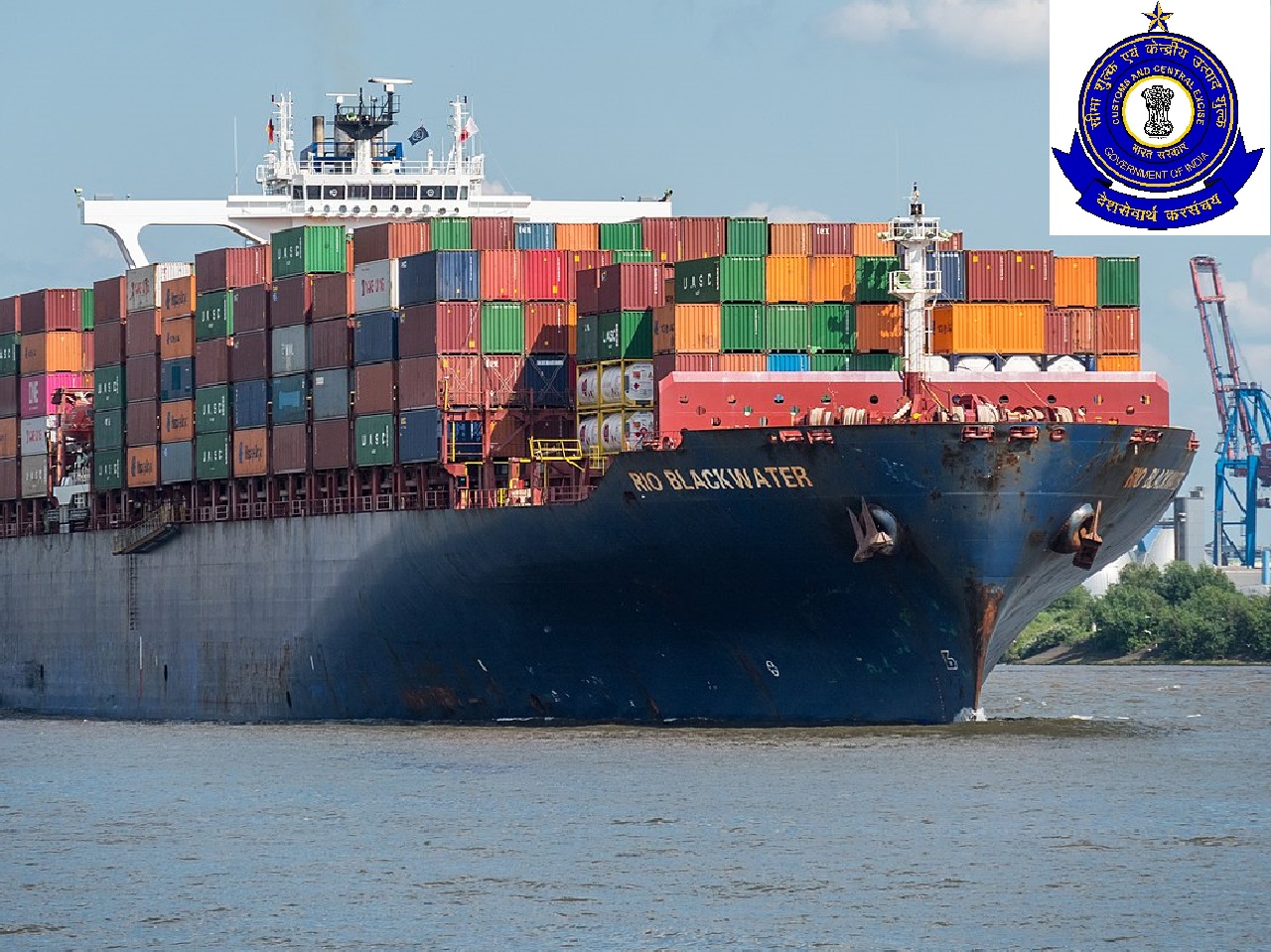 Cargo ship with Customs central excise service tax logo - rodtep scheme