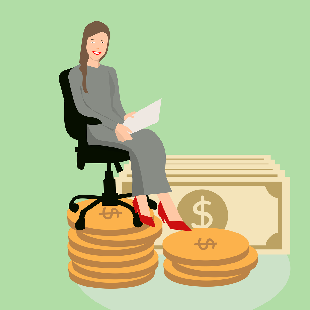Illustration of a smiling woman sitting on a chair with a paper, with coins and wads of currency notes at her feet