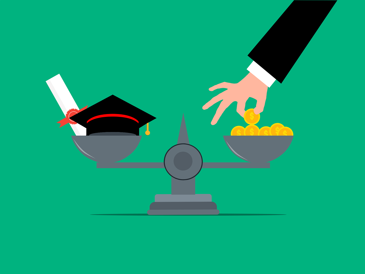 a weighing balance with a education degree on one side and money on the other, denoting mba education loans