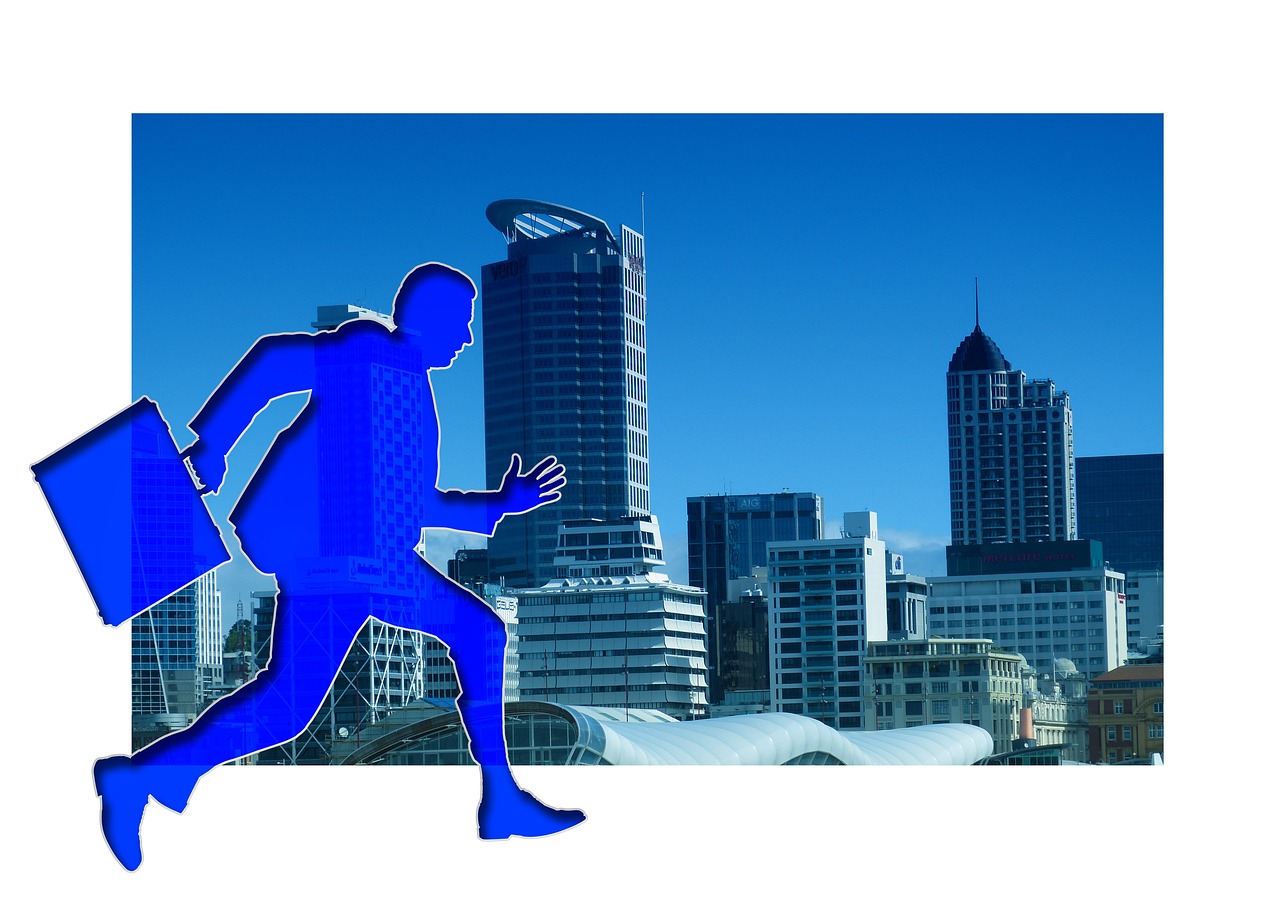 office executive running, cluster of  buildings