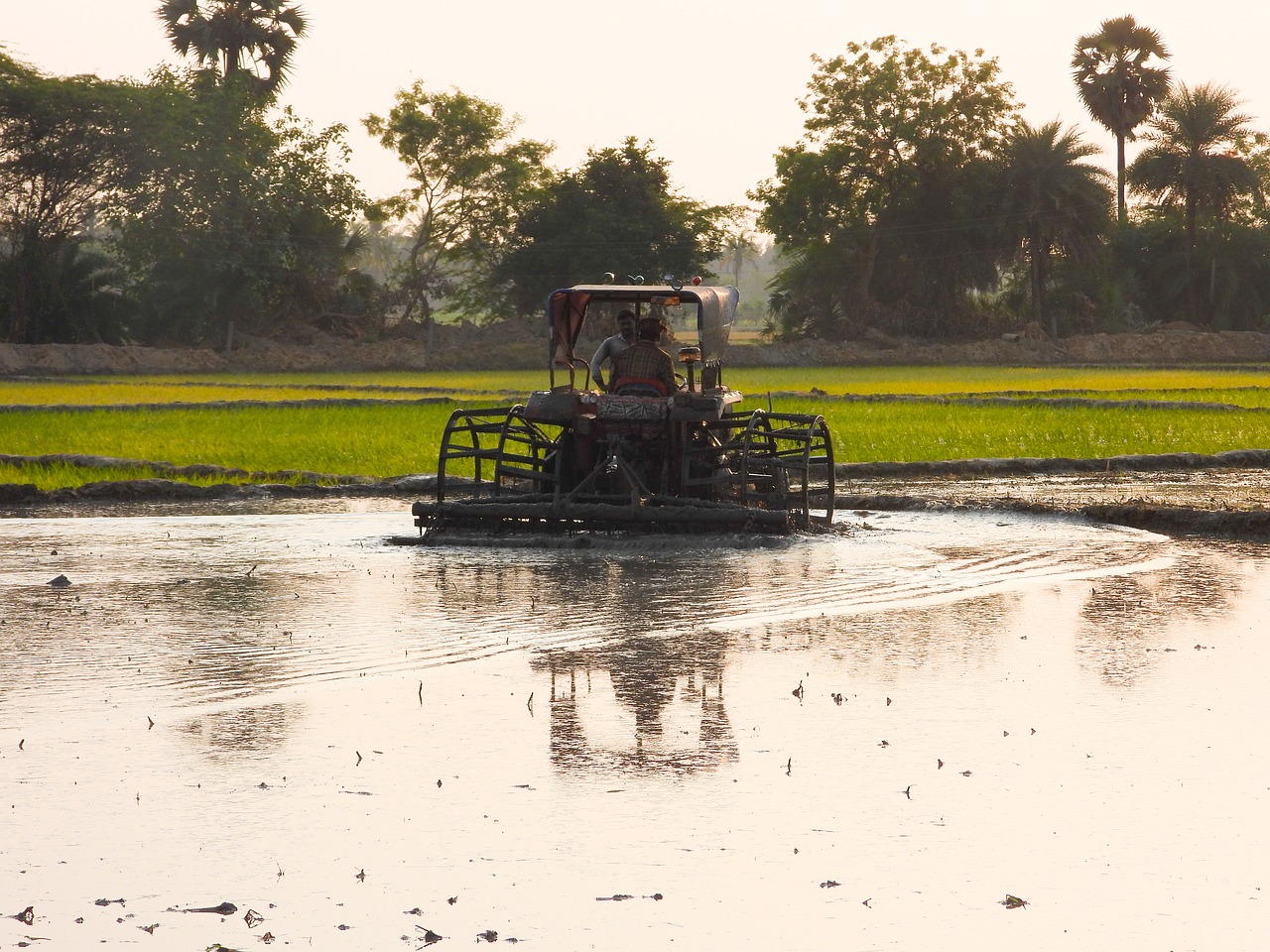 tractor in a flooded field