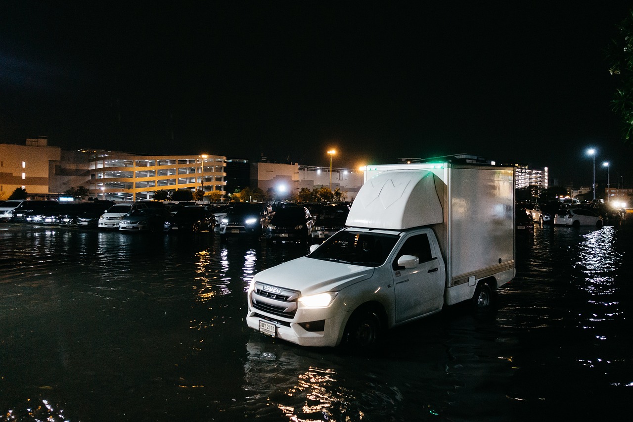Commercial truck stuck in a flooded street