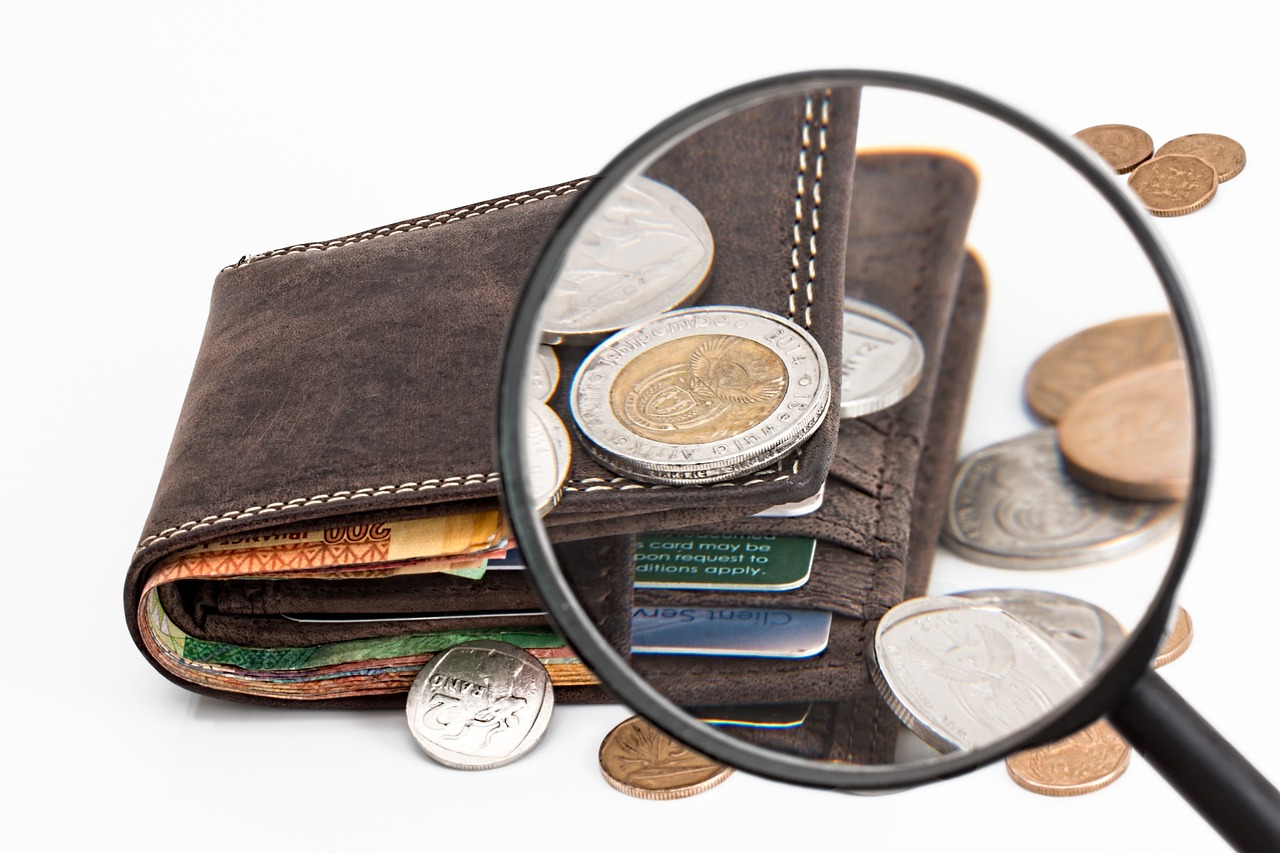wallet with coins and cards being viewed from a magnifying glass