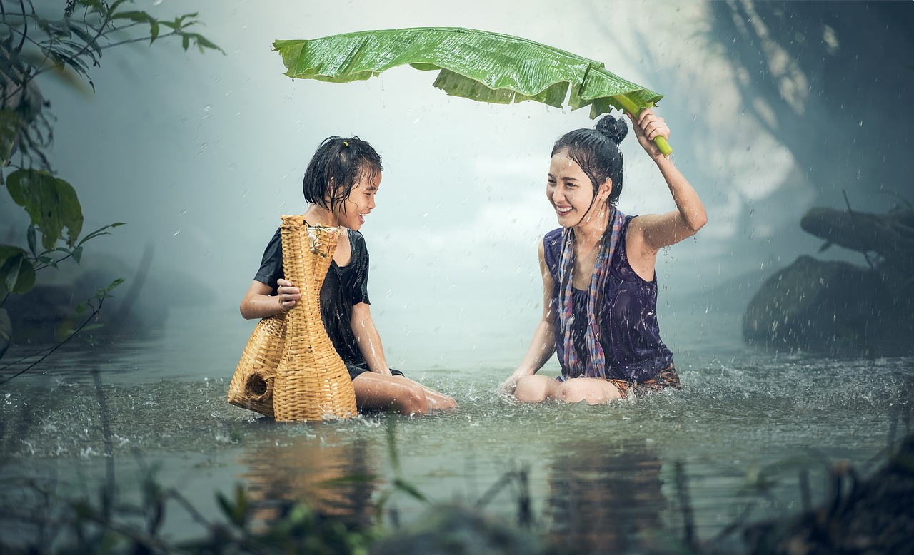 Woman, Kid, Rain image.