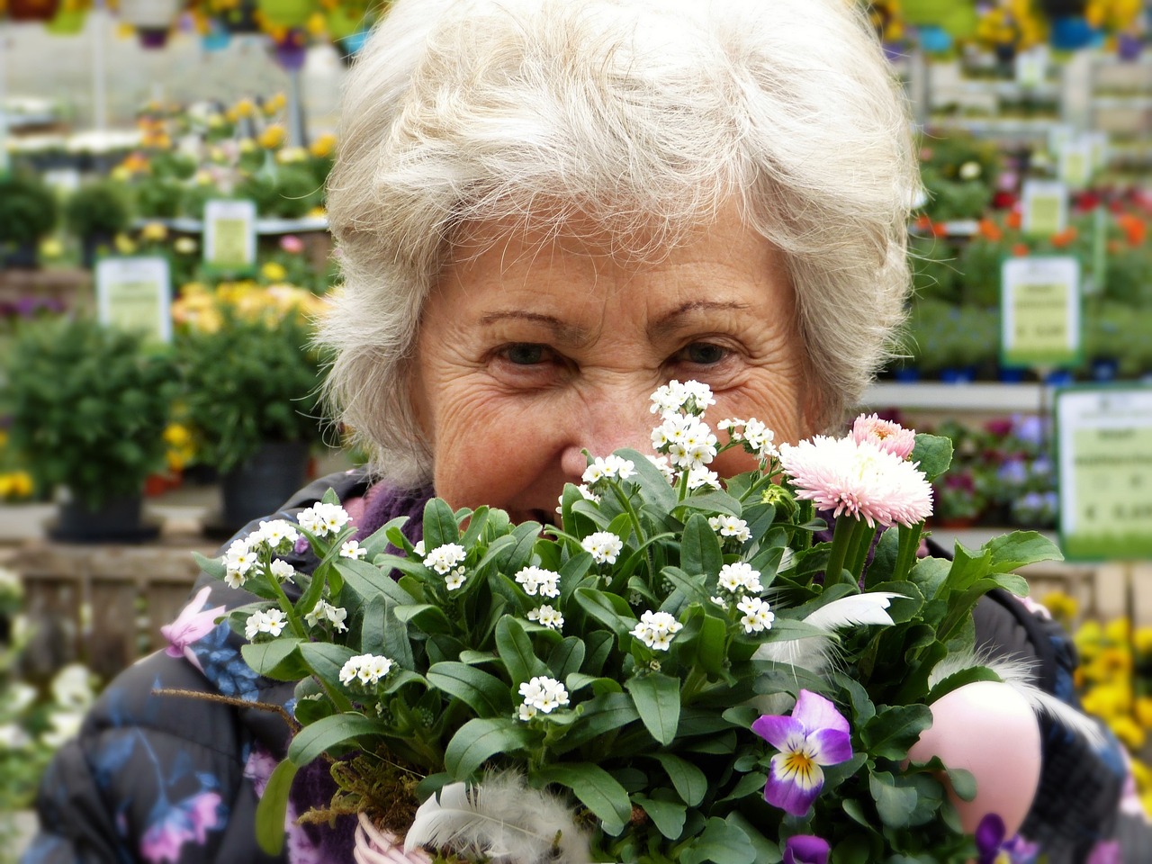 old lady, flowers