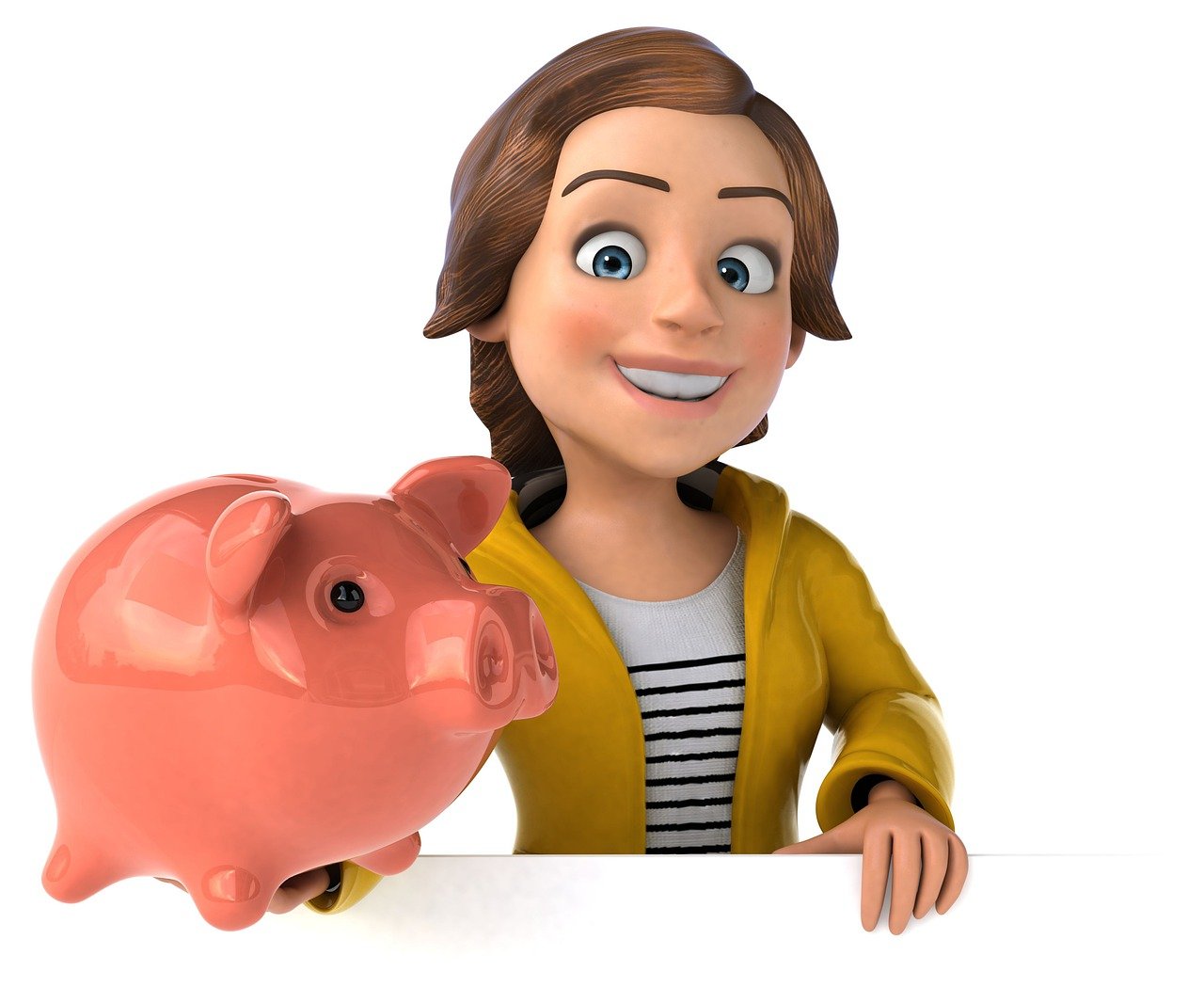 Animated image of a woman with a piggy bank